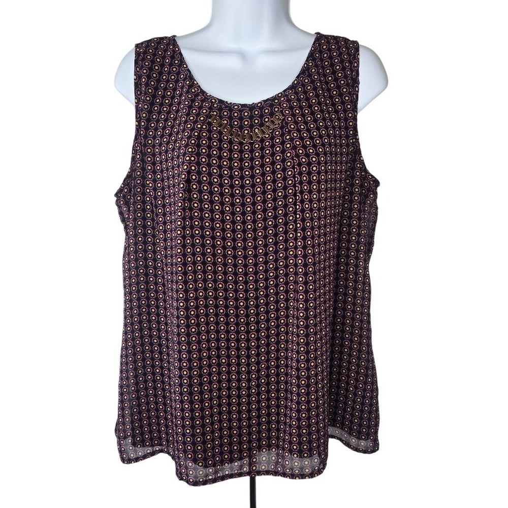 Roz & Ali Tank Top Womens L Gold Chain Medallion Boho Split Back Professional